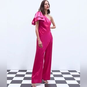 ZARA Pink Satin Effect Blouse Top Dress  Asym Bloggers Fave Bow High-lo L